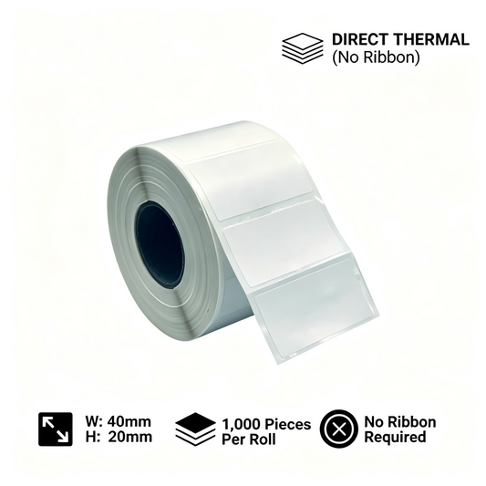 40mm x 20mm Direct Thermal Labels – 1000 pcs/roll, 1″core